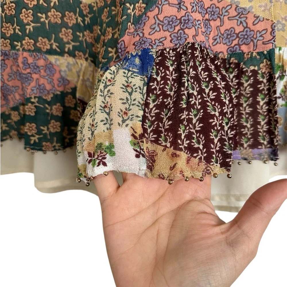 Anthropologie Floreat Floral Beaded Patchwork Peasant Blouse Size XS - Picture 7 of 8